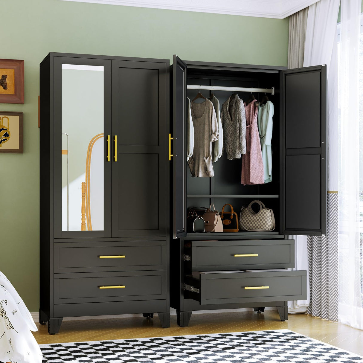 RIETERN Metal Armoire Wardrobe Closet, 71" Tall Bedroom Closet with Mirror, 2 Drawers, Adjustable Shelves, and Hanging Rod, Steel Clothes Closets and Storage, for Bedroom Black RISTERN