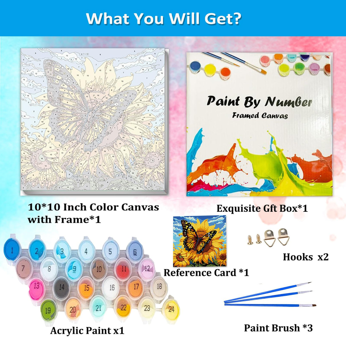 Artunion Framed Paint by Numbers Kit for Adults Beginners & Kids Ages 8-12,Sunflower Butterfly Paint by Number with Frame,Floral Paint by Numbers Kit on Canvas 10 * 10 Inch Without Easel Artunion
