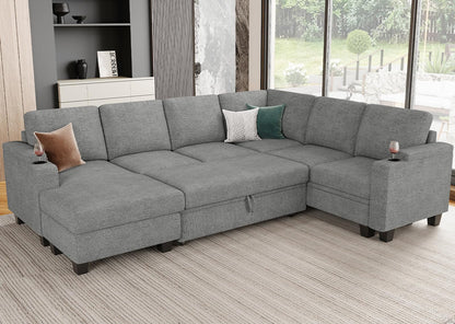 Belffin Modular Sectional Sleeper Sofa Couch Bed with Storage Chaise U Shaped Couch with Pull Out Sofa Bed for Living Room. Light Grey Couch.