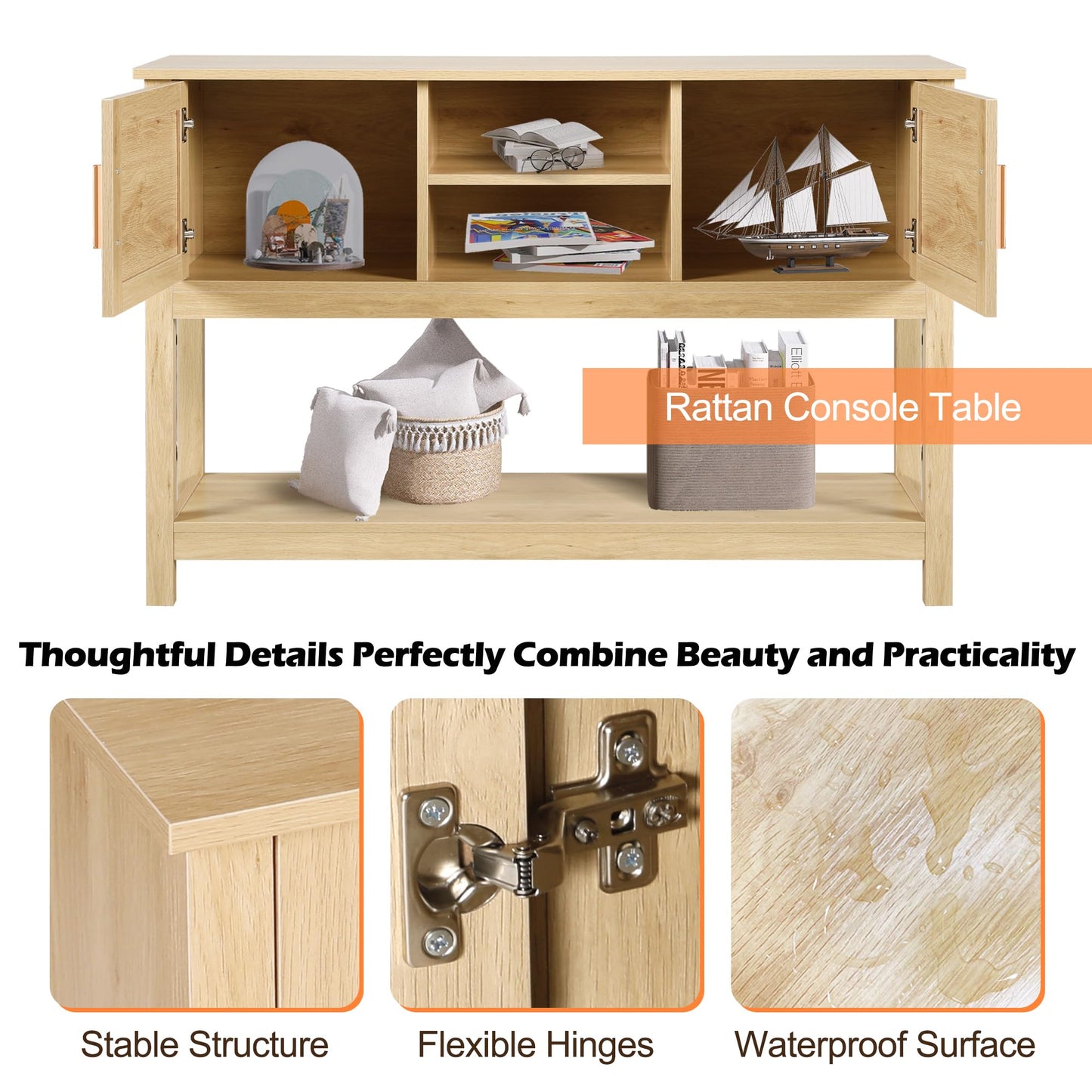 LAZZO 47" Rattan Console Table - Multi-Functional Narrow Entryway & Sofa Table with Storage Cabinets and Drawers - WoodArtSupply