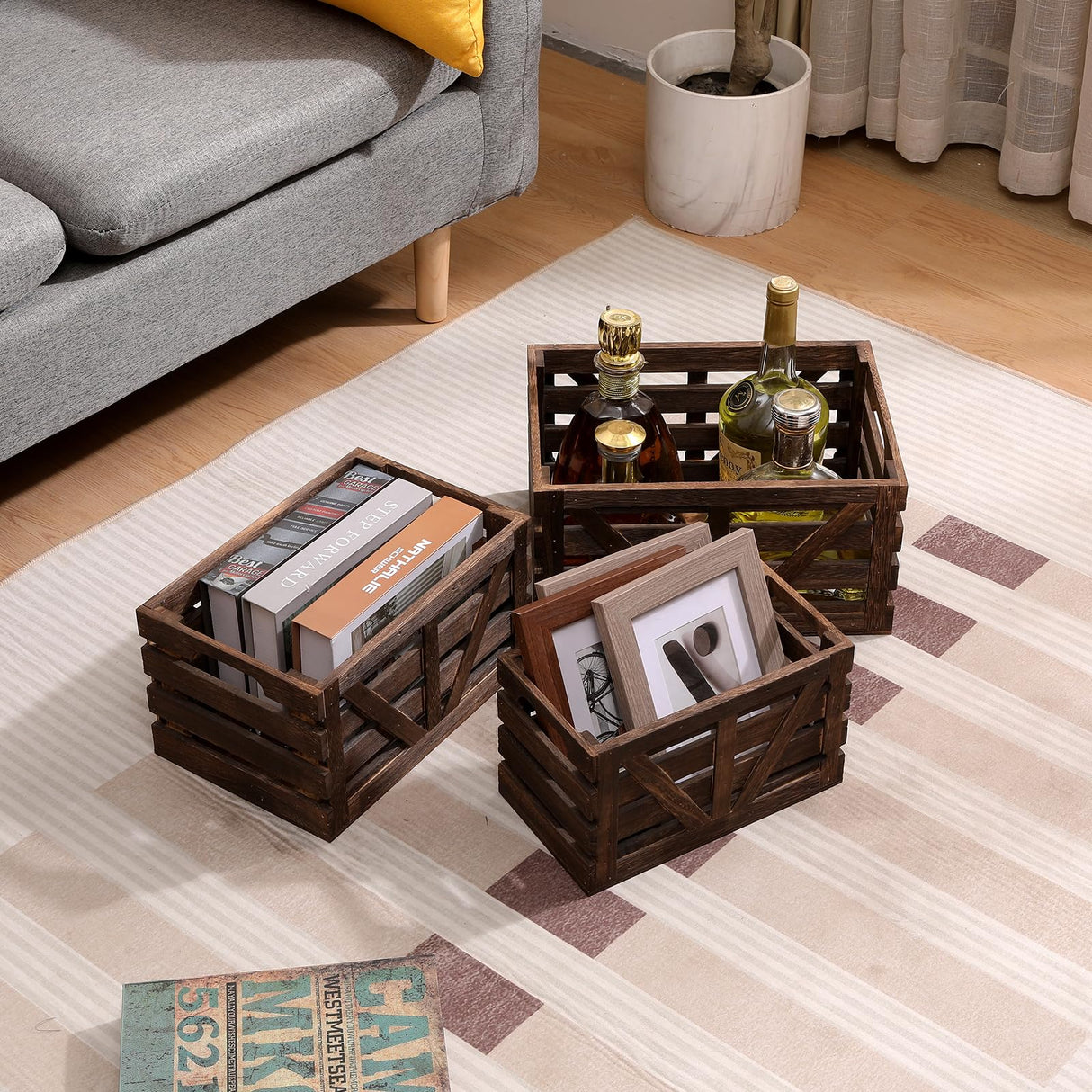 LYDWOO8D Decorative Wood Crates Nesting Crates Wooden Storage Container,Farmhouse Wood Crates for Storage,Display,Decor Boxes-Brown Set of 3 LYDWOO8D