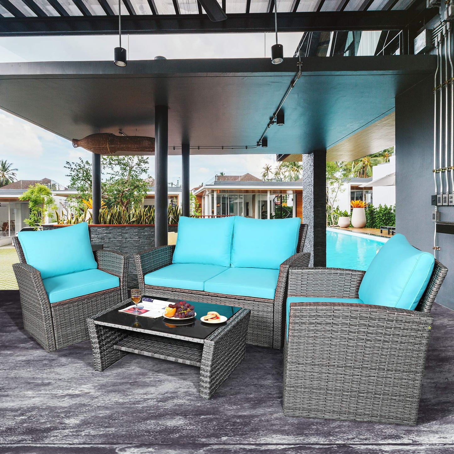 COSTWAY 4 Pieces Patio Rattan Furniture Set, Outdoor Wicker Sofa Set with Tempered Glass Coffee Table, Cushions, All Weather Rattan Conversation Set for Yard Balcony Backyard Pool, Turquoise