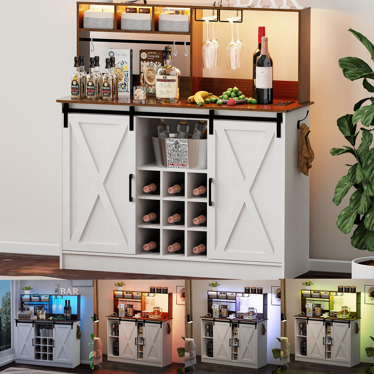 PAKASEPT Coffee Bar Cabinet with Adjustable 20-Color LED Lights and 6.5FT Outlet, Kitchen Buffet Storage Cabinet, 47'' Sideboard Buffet Cabinet with Sliding Barn Door, Adjustable Shelf and Wine Racks PAKASEPT
