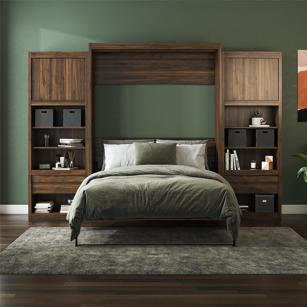 REALROOMS Halstead Queen Size Murphy Bed with 2 Nightstand Cabinets, Space-Saving Fold-Out Wall Bed with Open Shelving and Concealed Storage for Bedroom or Guest Room, Walnut REALROOMS