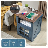 Barnyatoh Farmhouse Nightstand with Charging Station, Rustic End Table with Tempered Glass Barn Door, Wood Sofa Side Bedside Table with Open Storage Shelf for Living Room, Bedroom, Blue Barnyatoh