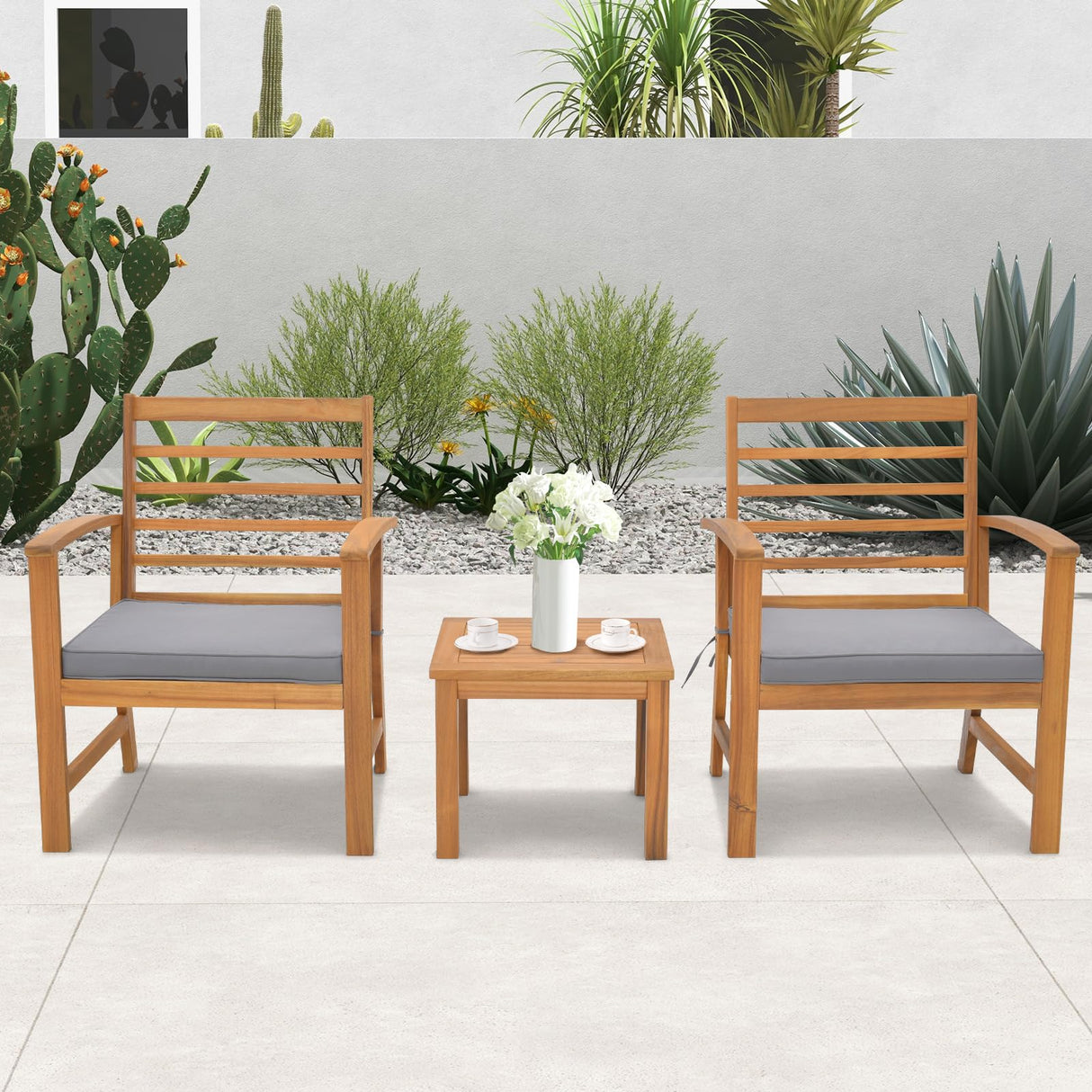 Tangkula 3 Pieces Outdoor Furniture Set, Acacia Wood Conversation Set with Soft Seat Cushions, Stable Acacia Wood Frame, Patio Sofa & Coffee Table Set for Backyard, Porch, Poolside (Grey) Tangkula