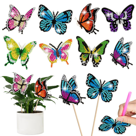 Wivico 8 Pcs Butterfly Diamond Art Kits for Adults,Small Butterfly Stakes Diamond Painting Craft for Garden Home Decoration Wivico