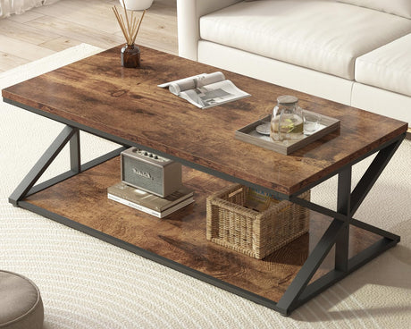 Launica Coffee Table with Storage, Farmhouse Living Room Table, Modern Minimalist Rectangle Center Table, Industrial Vintage Wood Tea Table, 47 Inch, Rustic Brown Launica