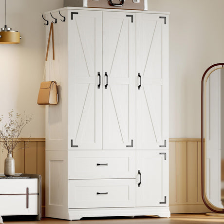 LIKIMIO Armoire Wardrobe Closet 71" H, Bedroom Wooden Wardrobe with 4 Doors and 2 Drawers, Farmhouse Clothing Storage Cabinet Combination with Hanging Rod, Shelves, and Hooks, White LIKIMIO