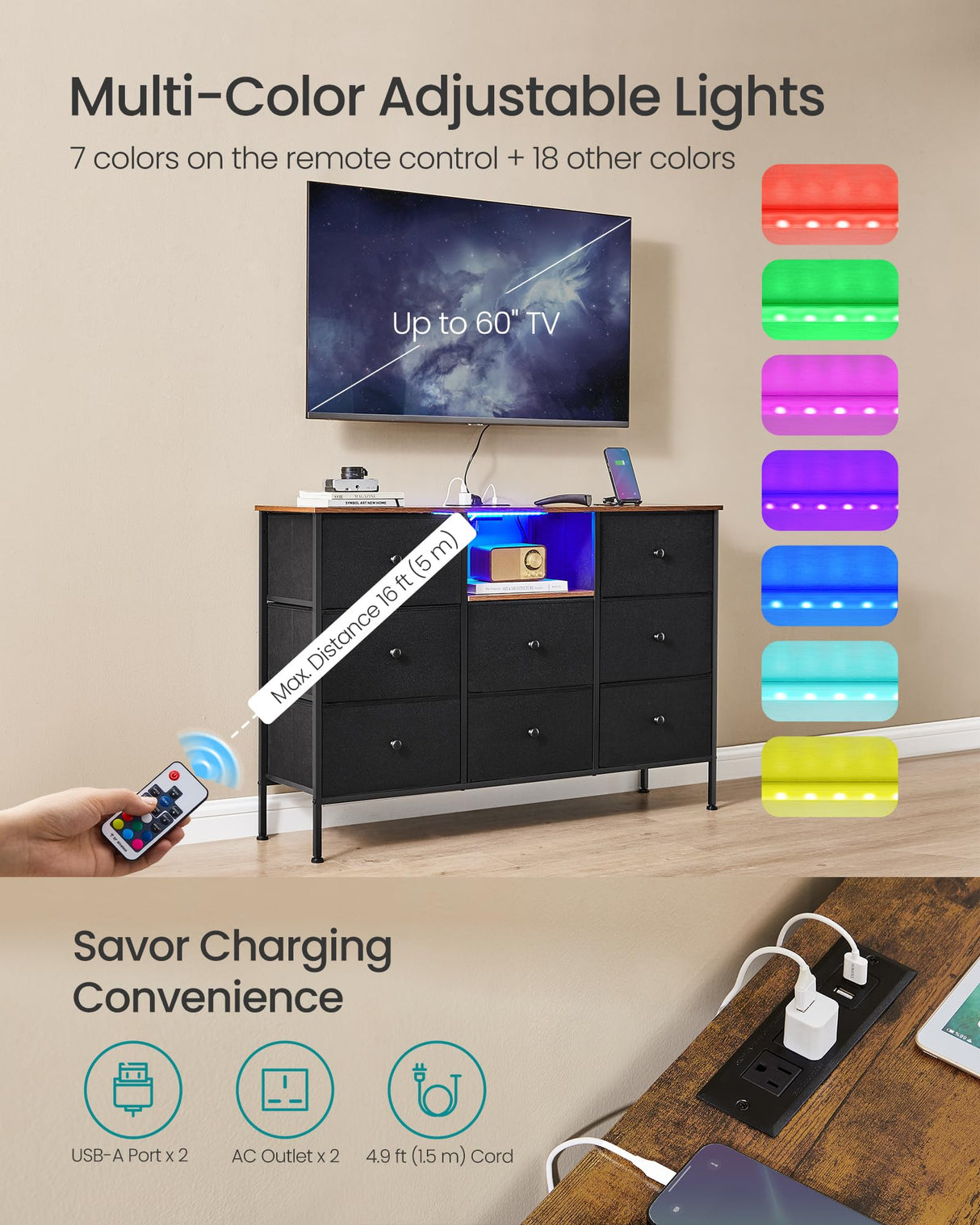 SONGMICS Dresser with Power Outlets and LED Lights, Fabric Chest of Drawers, 25 Colors, 8 Drawers, TV Stand for up to 60 Inch TVs, 11.8 x 47.2 x 31.3 Inches, Ink Black and Rustic Brown ULTS518B01 SONGMICS