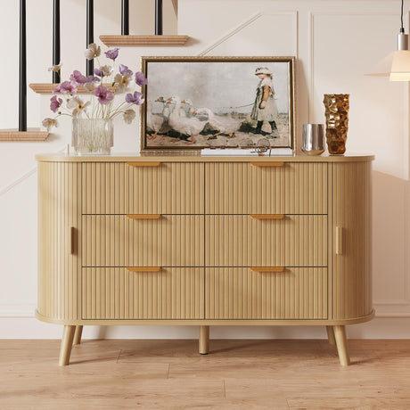 Decofy Fluted 6 Drawers Dresser, 55'' Wide Mid Century Modern Chest of Drawers with Sliding Door & Metal Handles, Curved Profile & Sturdy Legs, Wood TV Stand for Bedroom, Living Room (Natural Oak) Decofy