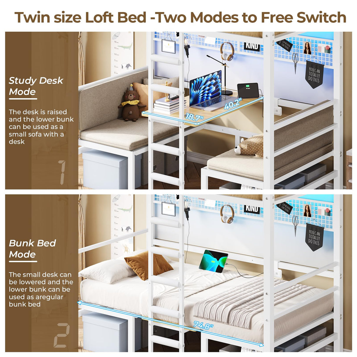 DICTAC Loft Bed Twin Size with Desk and Seat Convertible Twin Over Twin Bunk Bed with Led Lights & Charging Station Metal Bunk Bed with Safety Guard&Stair for Teens,Adults,White(Cushion not Included) DICTAC