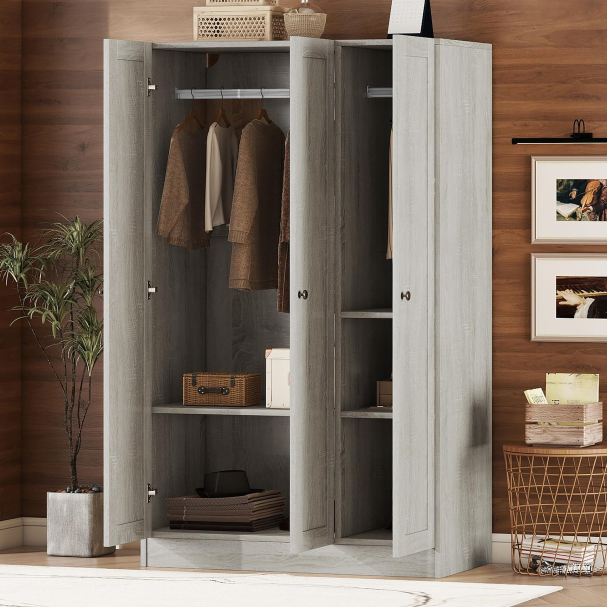 SOFTSEA 3 Door Armoire Wardrobe Closet, Freestanding Armoire Wardrobe Cabinet with Shelves and Hanging Rod, Wood Armoire Closet Clothes Organizer for Bedroom, Grey SOFTSEA