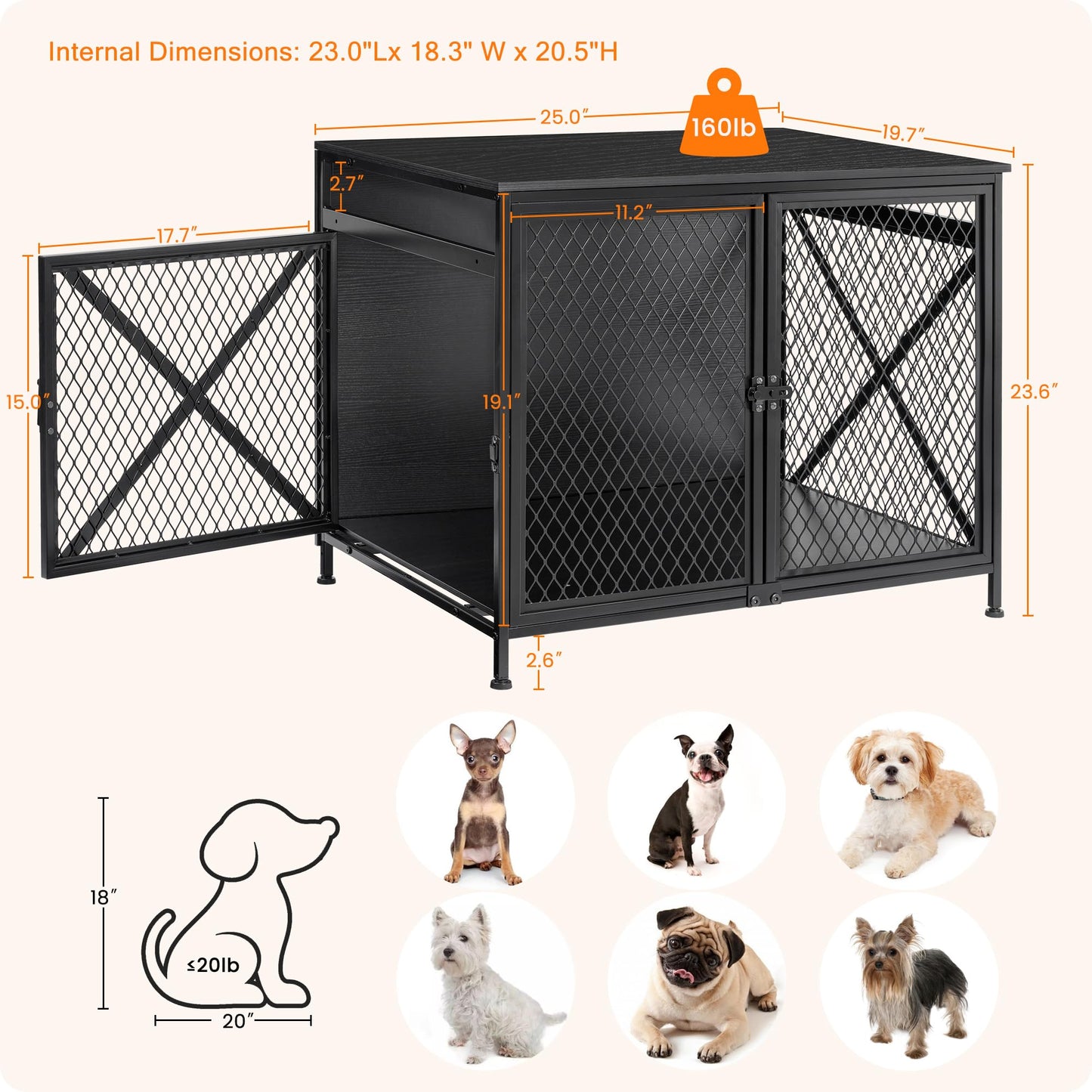 DWANTON Dog Crate Furniture, 25" L Three-Door Wooden Dog Kennel Indoor, Connectable Expansion, Wooden Dog Crate Table for Small/Medium/Large Dog, Dog House, Dog Cage Large, Black