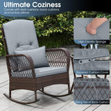 Tangkula 3 Piece Patio Rocker Set, Patiojoy Outdoor Wicker Rocking Chairs w/Double-Layer Coffee Table, Rattan Rocker Chair Set w/Seat Back Cushions & Pillows, for Porch, Backyard, Poolside (Grey) Tangkula