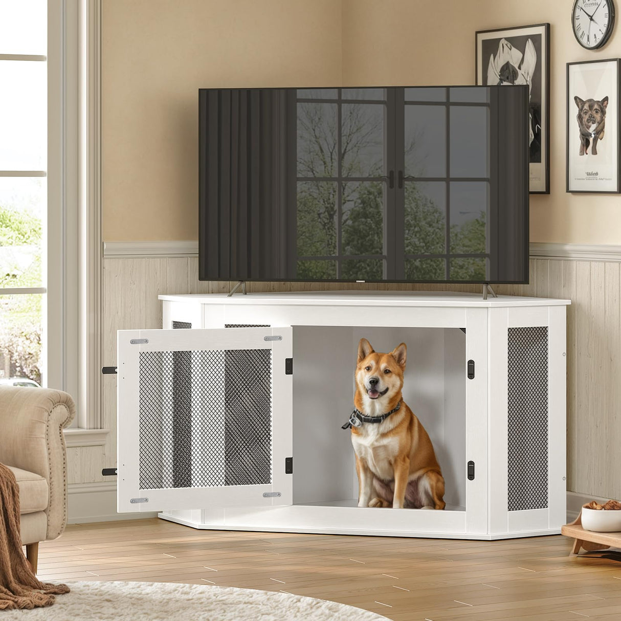 MAHANCRIS Corner Dog Crate Furniture, Wooden Dog Kennel End Table, Decorative Pet Crate Indoor Use, Furniture Style Dog House for Small Medium Dog, Dog Cage TV Stand, White and Black DCWT0801 MAHANCRIS