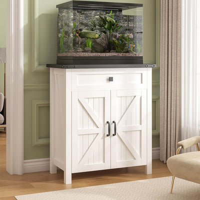 Suadism 20 Gallon Aquarium Stand With Charging Station, Farmhouse Fish Tank Stand, Reptile Tank Stand Terrarium Stand with Drawer and Cabinet Storage, Sturdy Heavy Duty 27.6"×15.7" Tabletop - White