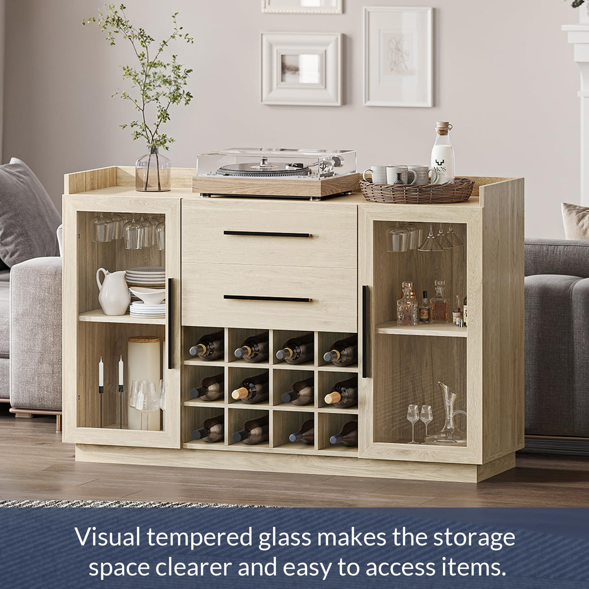 BELLEZE 55" Wine Cabinet, Sideboard Buffet with Wine Rack and Glass Holder, Home Coffee Bar Freestanding Liquor Cabinet with Display Glass Doors for Living Room, Dining Room - Marcel (White Lotus) BELLEZE