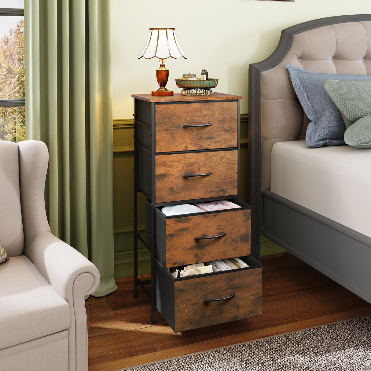 WLIVE Dresser with 4 Drawers, Fabric Storage Tower, Organizer Unit for Bedroom, Hallway, Entryway, Closets, Sturdy Steel Frame, Wood Top, Easy Pull Handle, Rustic Brown Wood Grain Print WLIVE