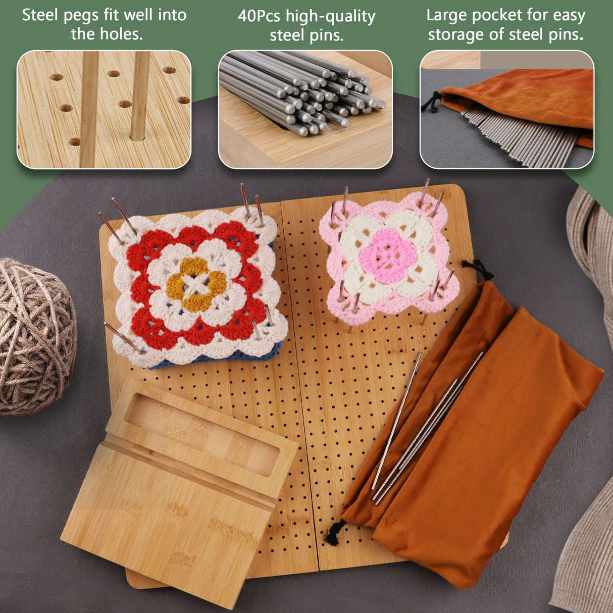 Newkita 15.5" Foldable Crochet Blocking Board with 40 Steel Pegs/Pins for Granny Squares & Small Projects, Adults Newkita