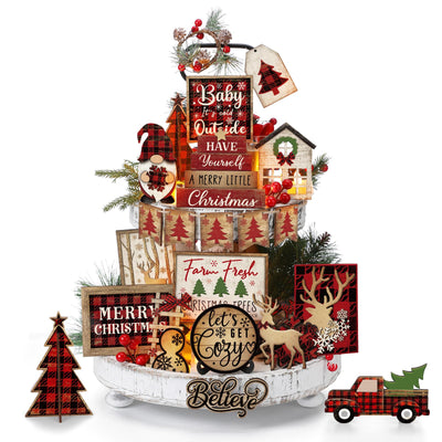 Shellwei 24 Pcs Christmas Tiered Tray Decor Wood Rustic Christmas Decoration for Home Table Shelf Christmas Winter Farmhouse Decor Xmas Trees Gnome Elk Snowflake Wooden Signs Buffalo Plaid Table Decor