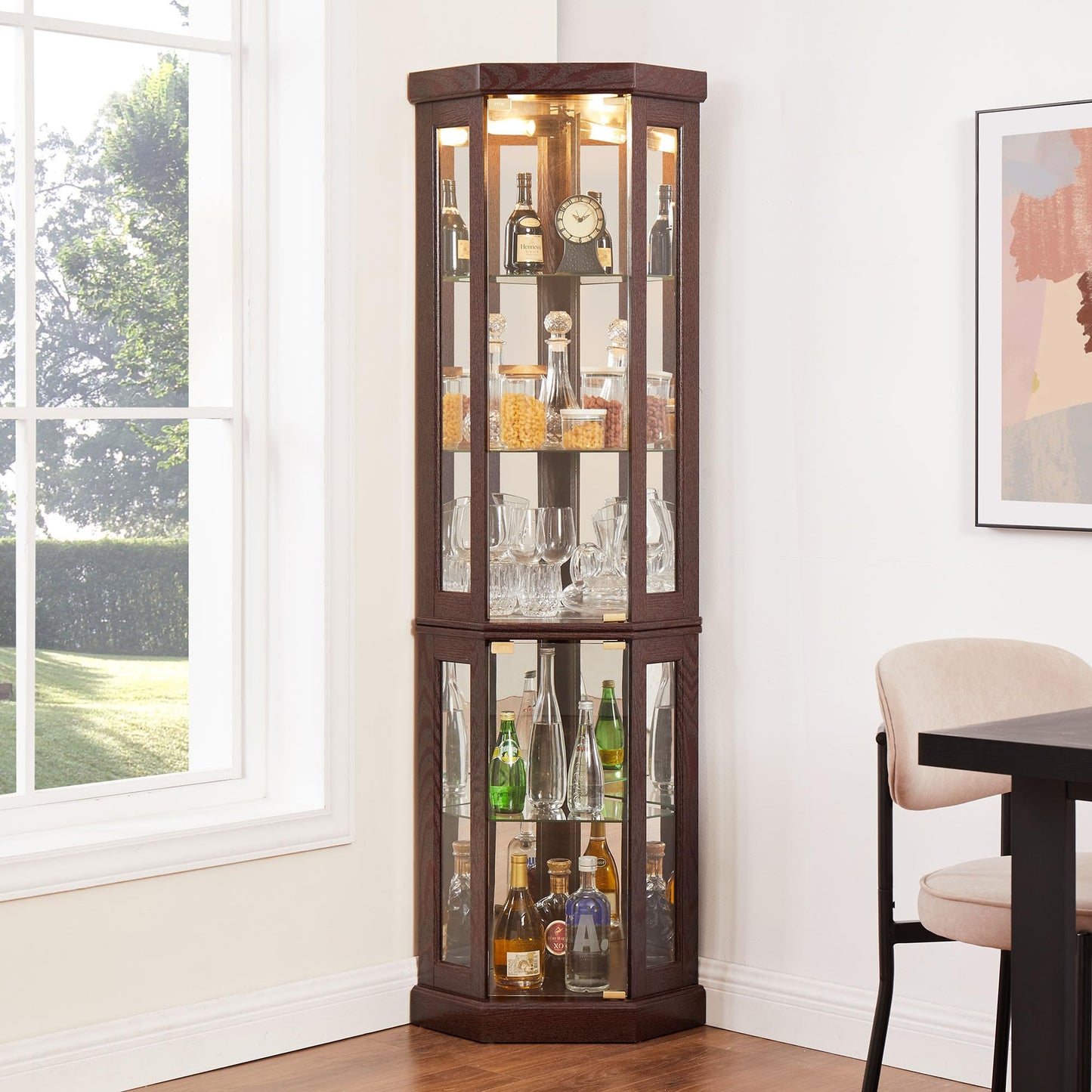 Lighted Corner Display Curio Cabinet Wooden Shelving Unit with Tempered Glass Door, Bar and Liquor Storage Area with 4 Shelves, Wine Cabinet