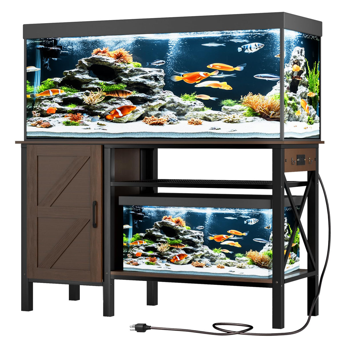 PAWZOO 55-75 Gallon Fish Tank Stand - Heavy Duty Aquarium Stand with Power Outlets, Cabinet for Fish Tank Accessories Storage, Metal Frame, Suitable for Fish Tank, Turtle Tank, 880LBS Capacity, Brown PAWZOO