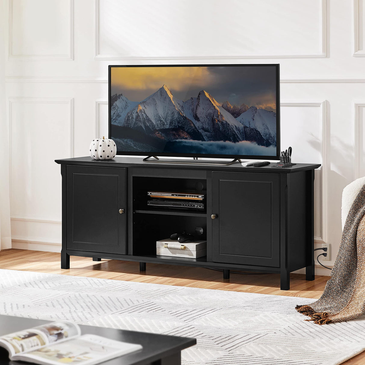 Yaheetech Black TV Stand with Power Outlet for TVs up to 65 in, Modern Media Entertainment Center with Doors & Storage Shelf, Wooden TV Console with 6 Robust Legs for Living Room Yaheetech
