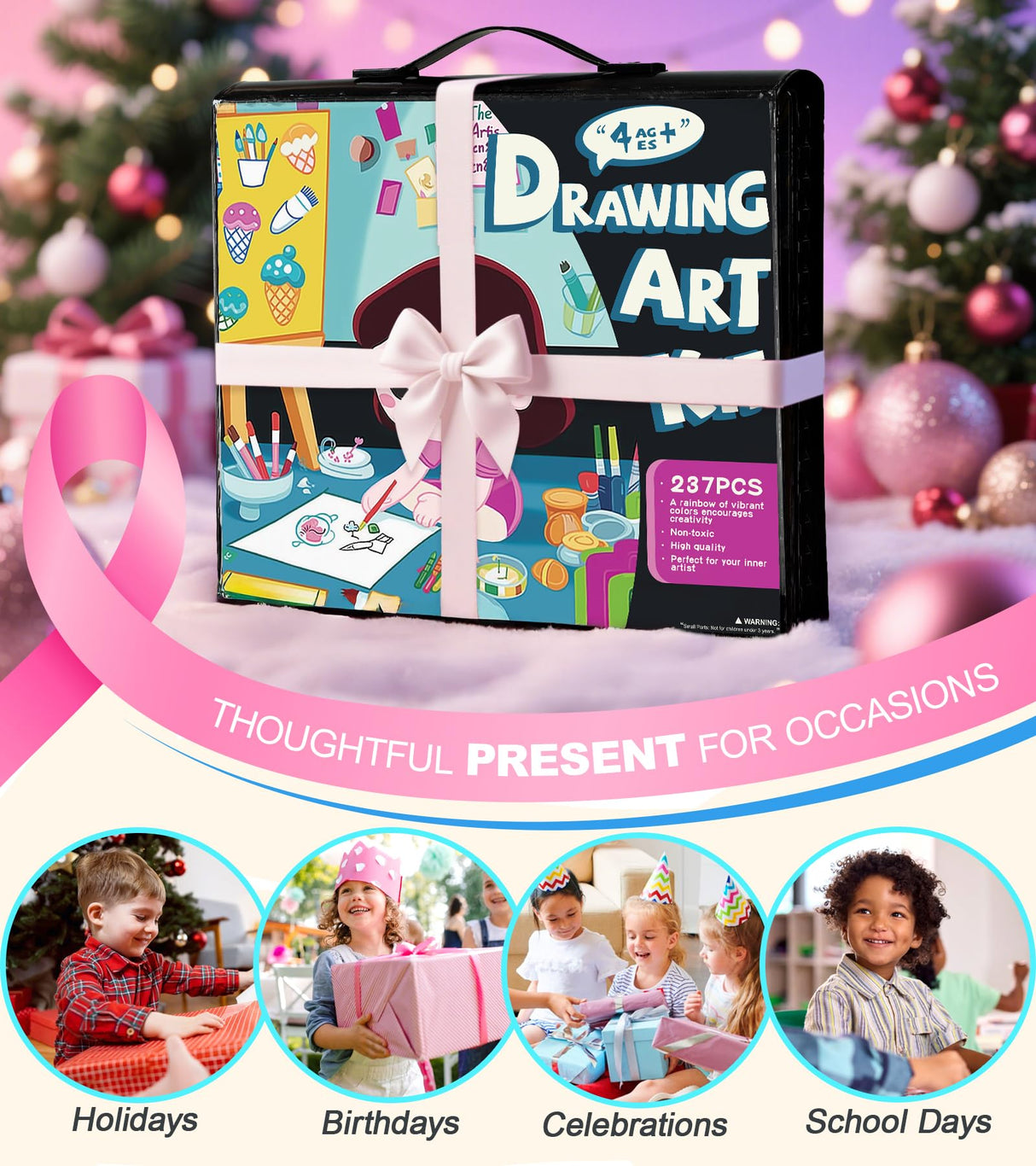 237-Piece Kids Art Set with Double-Sided Easel, Painting Kits for Kids Ages 4-8, Non-Toxic Art Supplies for Girls & Boys, Drawing Set with Watercolor, Oil Pastels, resent for Young Artists-Black Color More