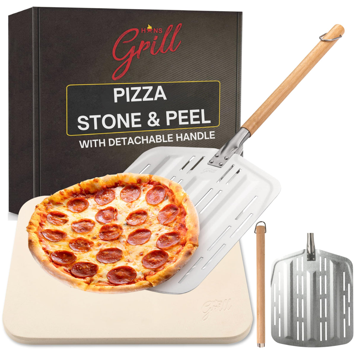 Hans Grill Pizza Stone PRO XL Baking Stone For Pizzas use in Oven, Grill or BBQ FREE Long Handled Anodised Aluminium Pizza Peel | Rectangular Stone 15 x 12" Inches | For Pies, Pastry, Bread, Calzone Hans Grill