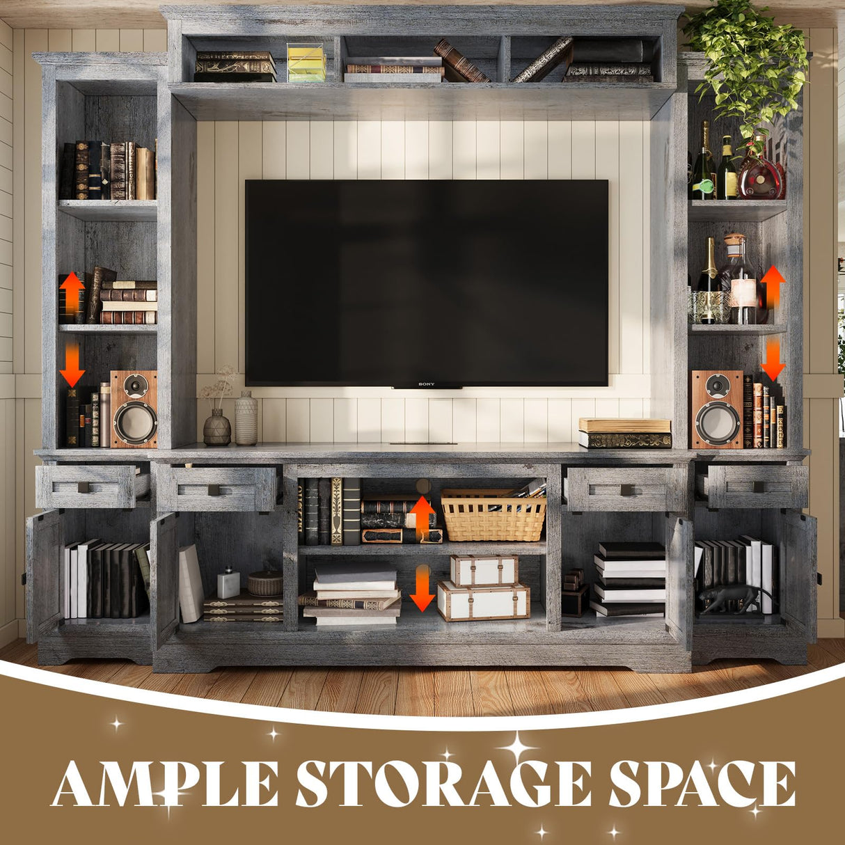 AMERLIFE 98" Farmhouse Entertainment Center Wall Unit with Bookshelves, Wine Cabinet, Fits 78" TVs, Large TV Stand with Power Outlets & Barn Door, Rustic Media Console for Living Room, Gray AMERLIFE