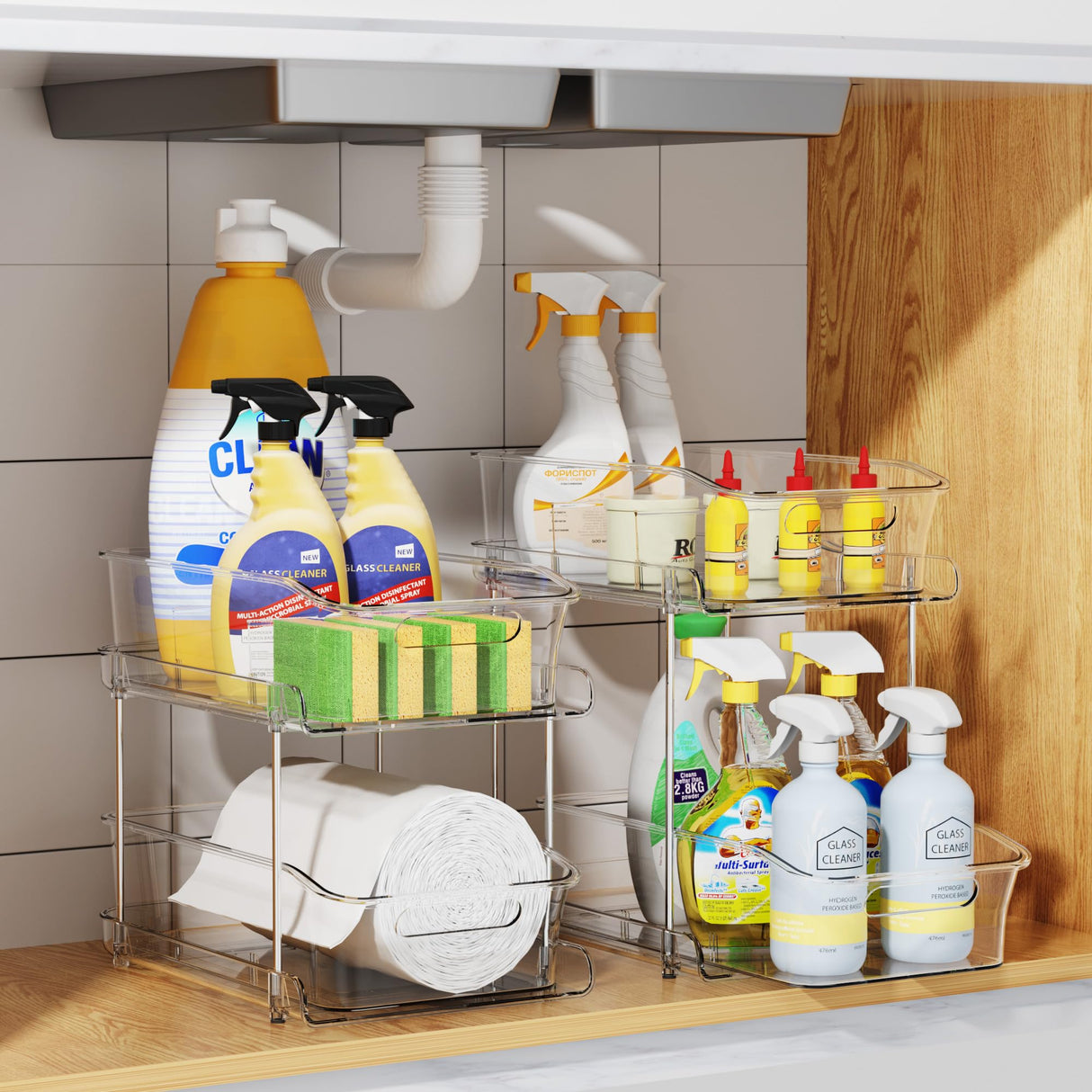 Delamu 2-Tier Under Sink Organizers and Storage, Multi-Purpose Stackable Bathroom Cabinet organizers, Pull Out Kitchen Pantry Organization and Storage with Dividers(2 Pack, Clear) Delamu