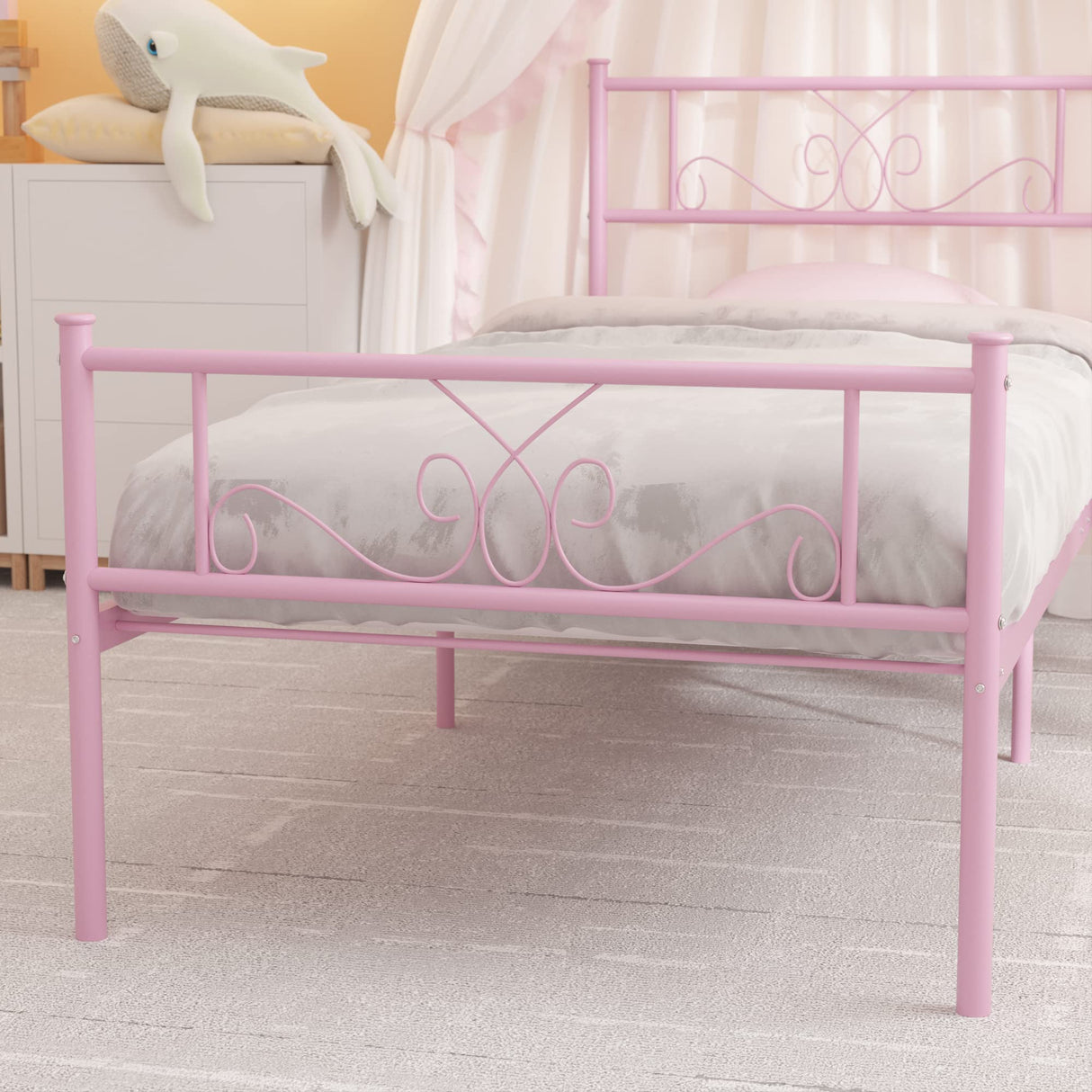 Weehom Metal Platform Bed Frame with Headboard and Footboard Under Storage 12.7Inch Twin Size Beds Mattress Foundation Pink Weehom