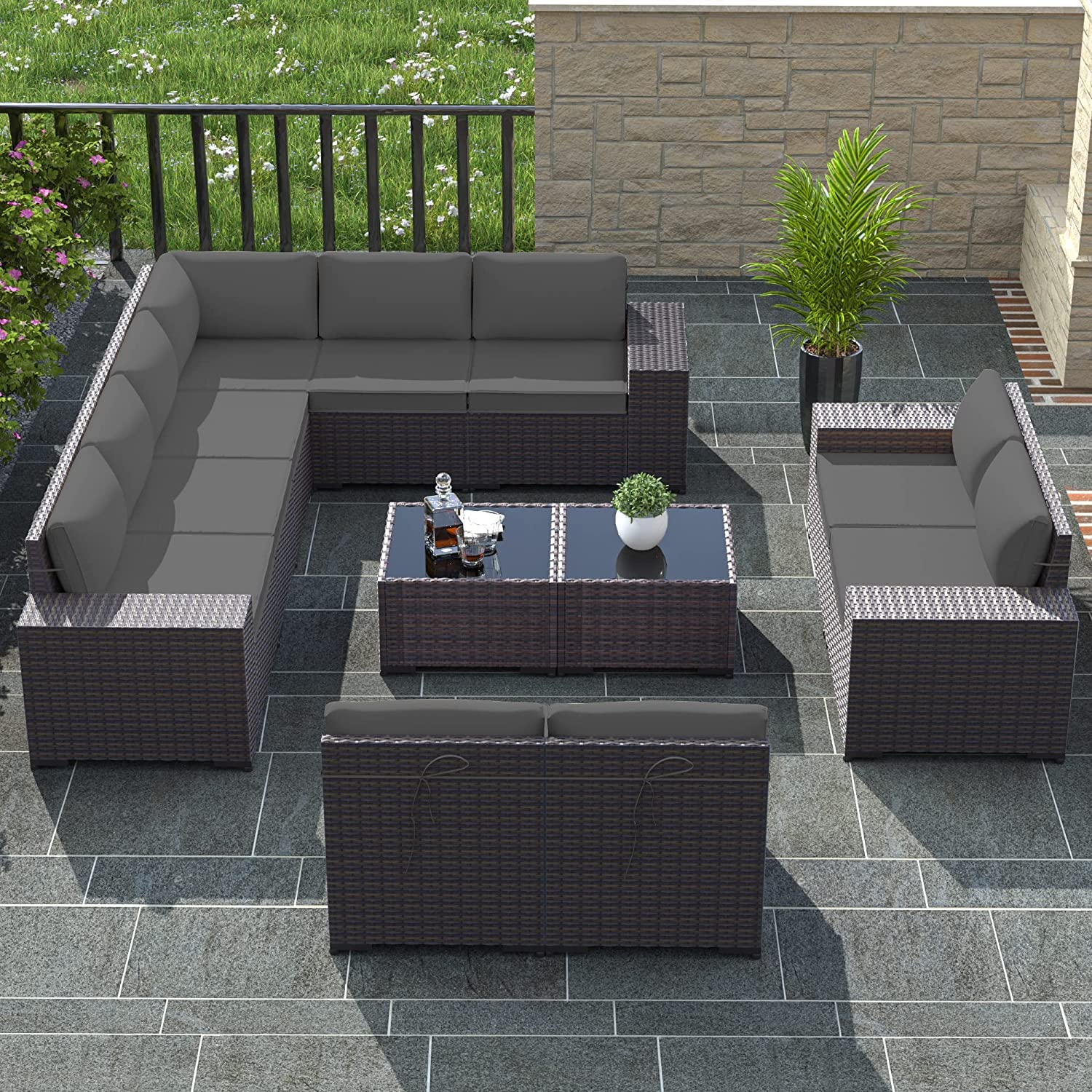 RTDTD Outdoor Patio Furniture Set, 12 Pieces Outdoor Furniture All Weather Patio Sectional Sofa PE Wicker Modular Conversation Sets with Coffee Table,10 Chairs & Seat Clips Grey - WoodArtSupply