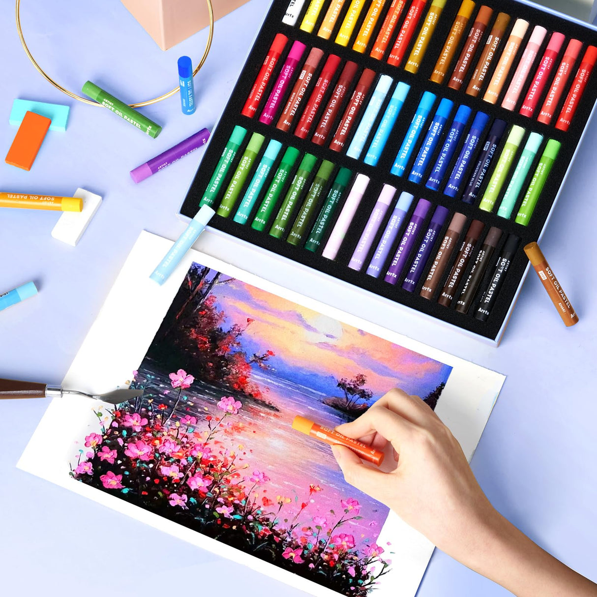 Arrtx Artist Oil Pastels 48 Colors Set, Soft Oil Pastel Vibrant and Creamy, Professional Oil Pastel Crayons Set Art Supplies for Artist and Beginners Arrtx