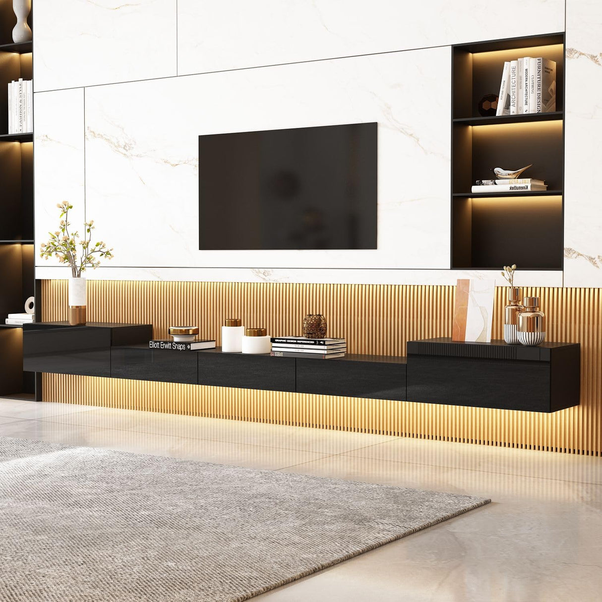 MOUMON Floating TV Console Media Console with High Gloss Drawers & Lights, Modern Wall Mounted TV Stand Floating Media Center for Living Room Black (110.2”W x 11.8”D x 9.4”H) MOUMON