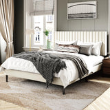 Sismplly Queen Size Bed Frame with Velvet Upholstered Headboard, Platform Bed with Strong Wood Slats, Mattress Foundation, Box Spring Optional, Easy Assembly, Beige Sismplly