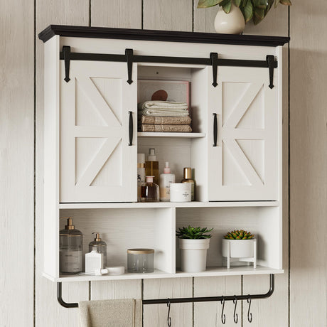 IRONCK Bathroom Wall Cabinet, Farmhouse Medicine Cabinet with Sliding Barn Door and LED Lights, Storage Cabinet Wall Mounted with Adjustable Shelves & Towel Bar for Bathroom, Kitchen, White IRONCK