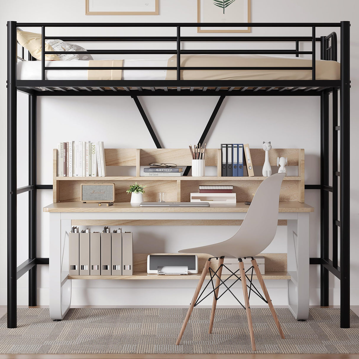 VECELO Twin Size Loft Bed with Full-Length Guardrails and Removable Ladder, Heavy-Duty Metal Frame, Space-Saving Design & Noise-Free, Black VECELO