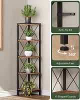 CHOEZON 5-Tier Corner Shelf, Corner Bookcase, 55.2" Tall Vertical Display Rack, Plant Stand, Open Storage Shelf, for Living Room, Bedroom, Study, Kitchen, Rustic Brown and Black TCJ12BF CHOEZON