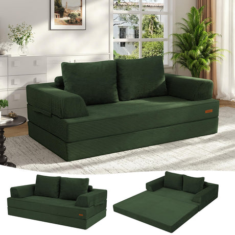 COMAX Convertible Sofa Bed, Folding Floor Couch Corduroy Fold Out Couch Bed Futon Sleeper Mattress with Pillows, Boneless Sofa Comfy Lounge Loveseat for Living Room Bedroom, Green COMAX