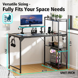 DOMICON Computer Desk with LED Light, 42-55 Inch Gaming Desk with Reversible Storage Shelves, Office Desk with Power Outlets Corner Desk for Home Office, Small Space Black Carbon Fiber (47) DOMICON