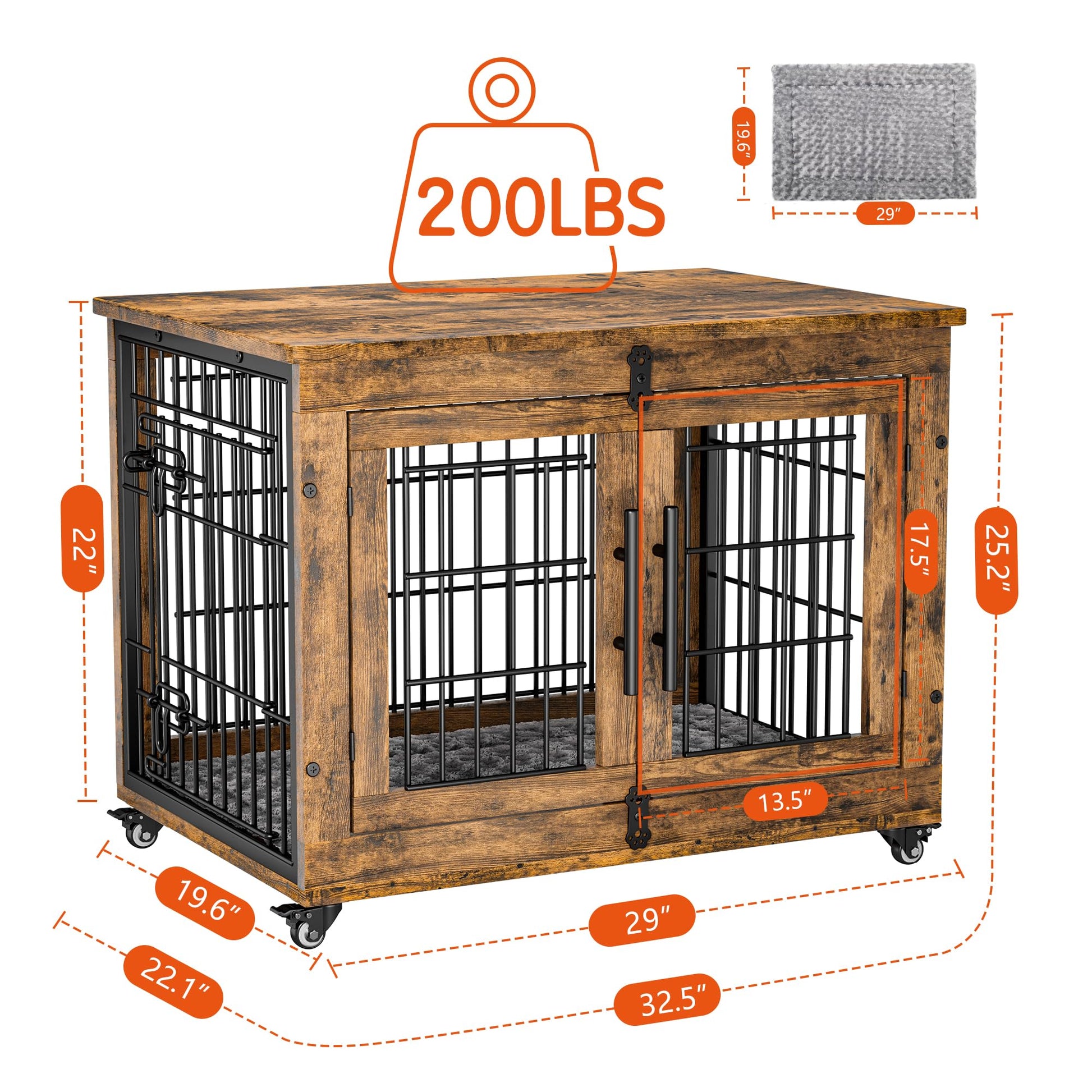 Lulive Dog Crate Furniture, Dog Kennel Indoor Double Doors Wooden Dog Cage, 33'' Heavy Duty Dog Crate with Cushion & Wheels, Decorative End Table Pet House Chew-Resistant for Medium/Small Dog - WoodArtSupply