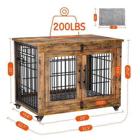 Lulive Dog Crate Furniture, Dog Kennel Indoor Double Doors Wooden Dog Cage, 33'' Heavy Duty Dog Crate with Cushion & Wheels, Decorative End Table Pet House Chew-Resistant for Medium/Small Dog, Brown Lulive