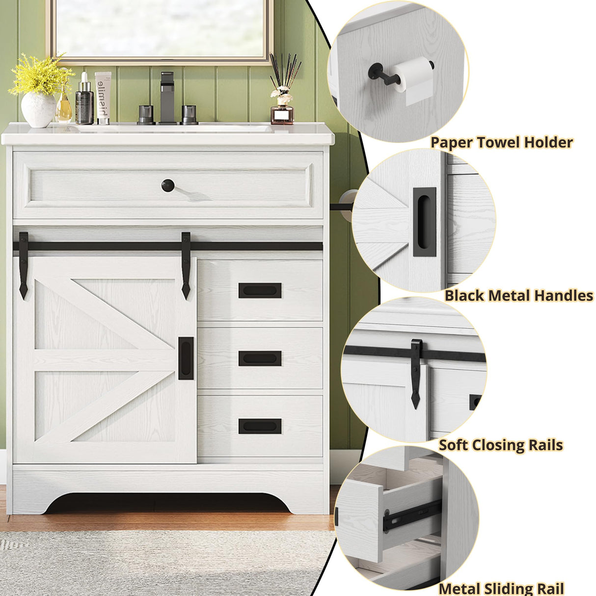 IRONCK 30" Bathroom Vanity with Sink, Farmhouse Bathroom Sink Cabinet with Flip Drawer & Sliding Barn Door, Freestanding Bathroom Vanities with Metal Handles, Paper Towel Holder,White IRONCK