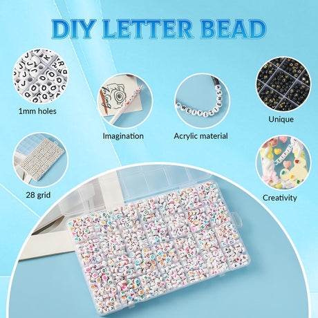 1400pcs Letter Beads, 4x7 mm Acrylic Alphabet Beads, Beads for Jewelry and Bracelet Making, in 28 Grid Box (White and Black) Weiyiziens