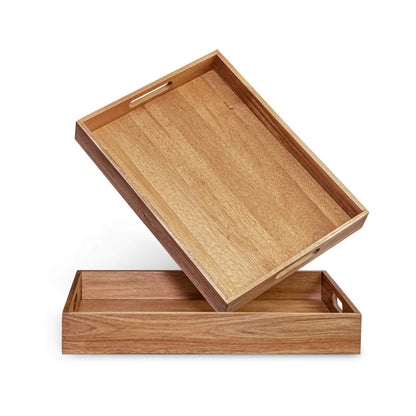 Acacia Wood Serving Tray with Handles Set of 2 – Decorative Serving Trays Platter for Breakfast in Bed, Lunch, Dinner, Patio, Ottoman, Coffee Table, BBQ, Party –Great for Lap &Couch - WoodArtSupply