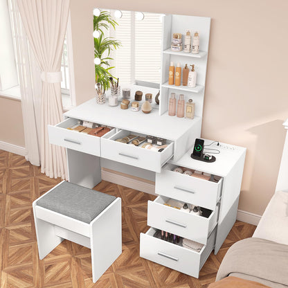 usikey Large Vanity Desk with Mirror & 10 LED Lights, Makeup Vanity Dressing Table with Power Strip, Storage Shelves & 5 Drawers, Vanity Table Set with Cushioned Stool for Women Girls, White - WoodArtSupply