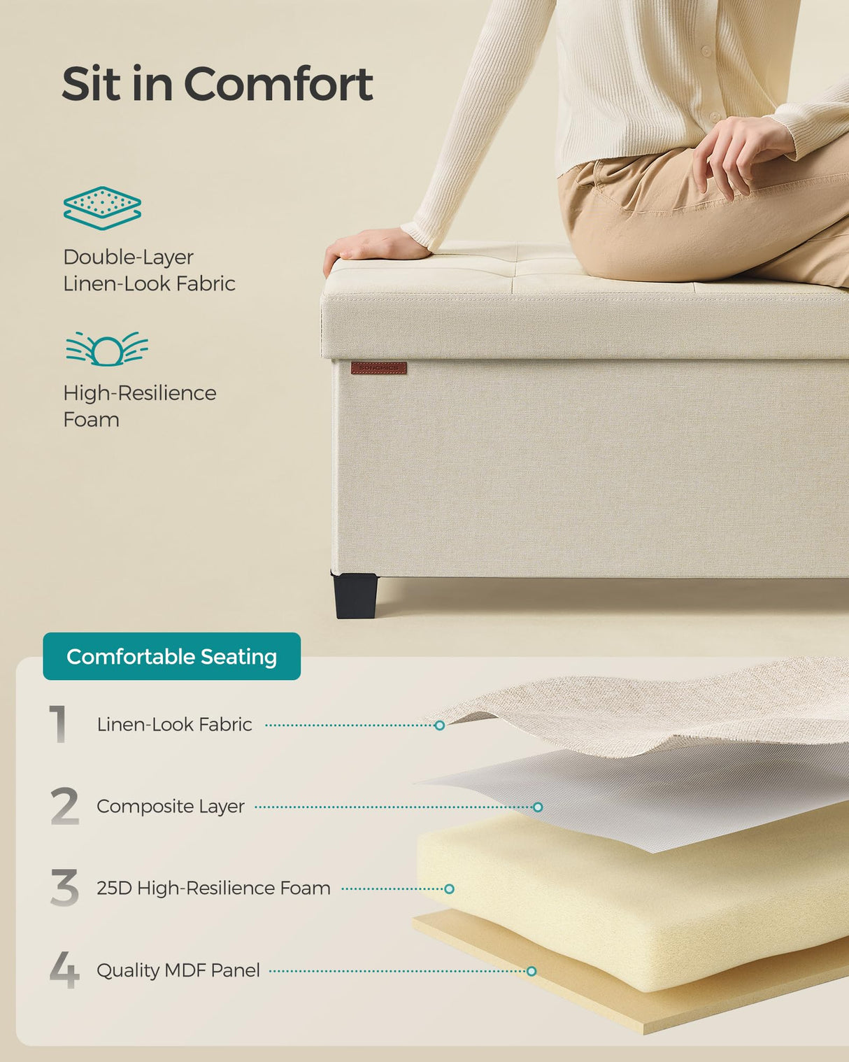 SONGMICS Storage Ottoman Bench, Foldable Foot Rest with Legs, 15 x 43 x 15.7 Inches, End of Bed Bench, Storage Chest, Load up to 660 lb, for Living Room, Bedroom, Entryway, Cream White ULSF018W01 SONGMICS