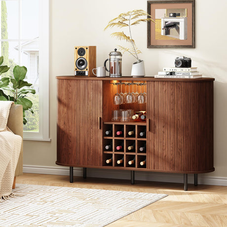 ONBRILL 55" Wine Bar Cabinet with LED Light,Modern Liquor Whiskey Coffee Station with Wine Rack and Glass Holder, Farmhouse Buffet Sideboard with Storage for Living Room, Kitchen, Entryway (Walnut) ONBRILL